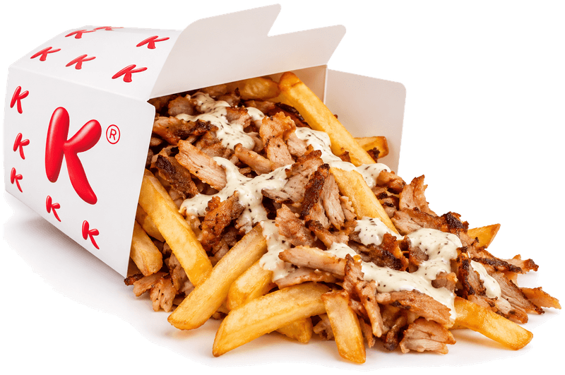 White box with red Ks with kebab meat, fries and white sauce