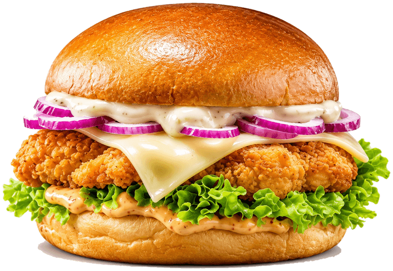 Chicken burger with crispy chicken, cheese, red onion and lettuce in a glossy bun