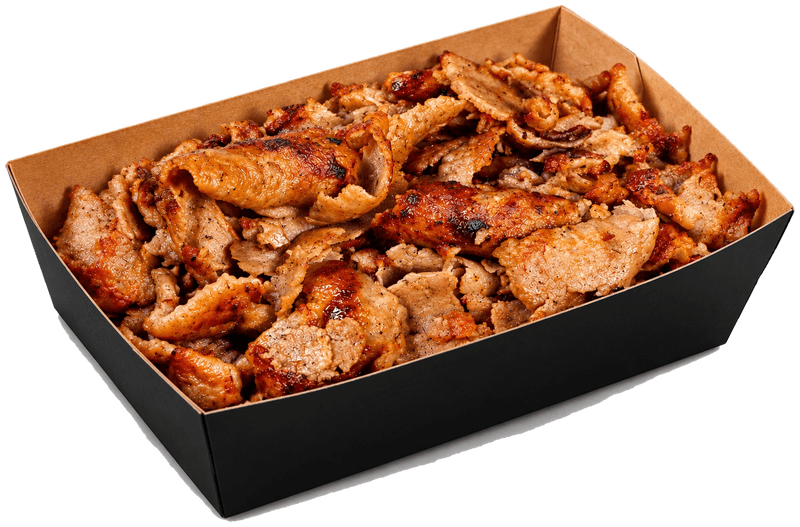Kebab meat off the spit in a black Kebabberia tray