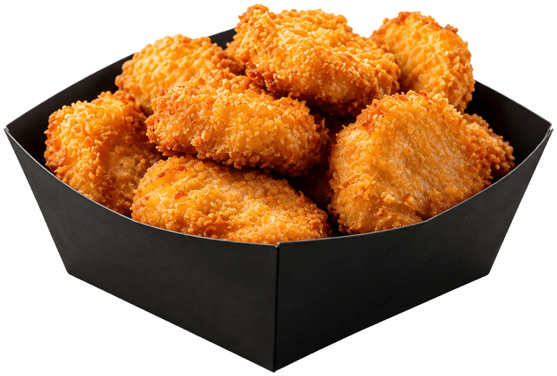 Golden crispy chicken nuggets in a black tray