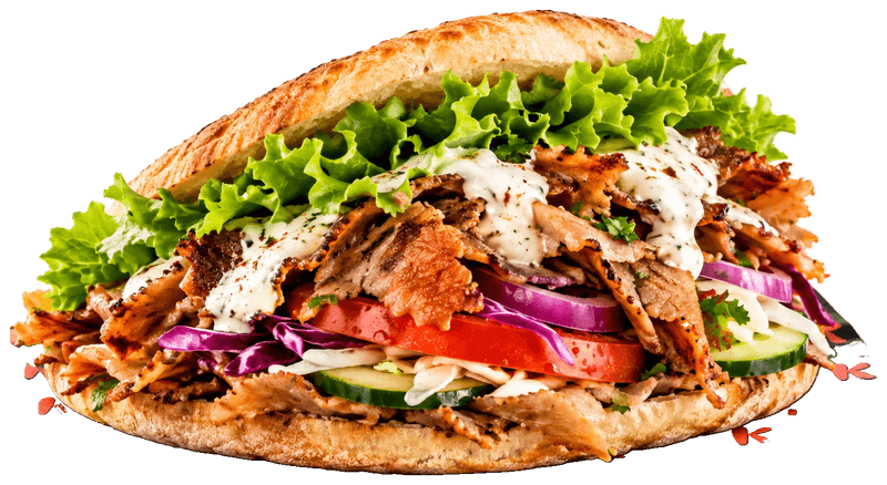 Maxi Kebab roll: kebab meat, white sauce, tomato, red onion, red cabbage, cucumber and lettuce on K paper