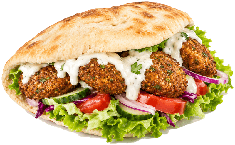 Panino falafel nel pane pita con falafel, cetriolo, pomodoro, cipolla rossa, lattuga e salsa bianca