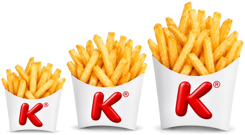 Patatine fritte in tre vaschette K: piccola, media e grande