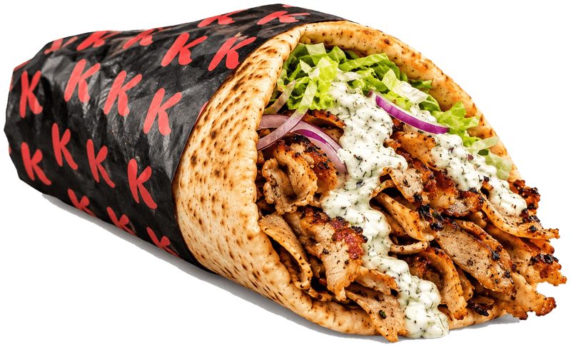 Pita Greca wrapped in K paper, with kebab meat, red onion and white sauce