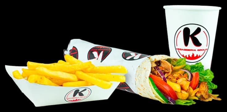 Pita Piccola in Kebabberia paper, with fries in a tray and a K cup