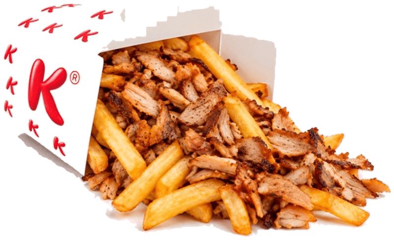 White box with red Ks full of kebab meat and golden fries