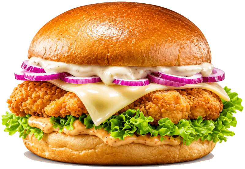 Chicken Burger con pollo croccante, formaggio, cipolla rossa e lattuga nel panino lucido