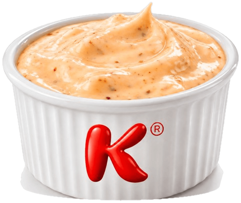 KB Creamy Sauce: creamy blush-pink sauce in a white ramekin with the red K