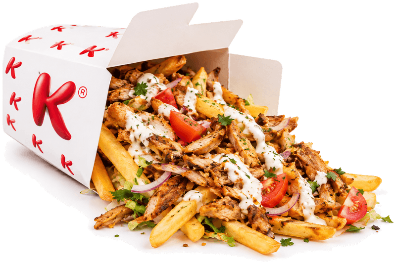 Kebab Box bianca con le K rosse: carne kebab, patatine fritte, pomodoro e salsa bianca
