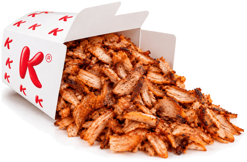 Box bianca con le K rosse piena di carne kebab