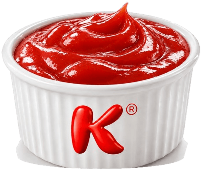 Ketchup rosso lucido nella ciotolina bianca con la K rossa