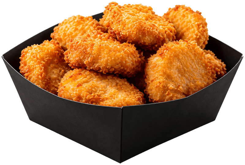 Golden crispy chicken nuggets in a black tray