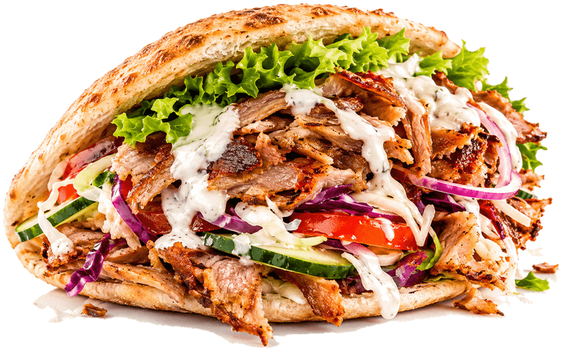 Panino kebab nel pane pita tostato: carne kebab, lattuga, pomodoro, cetriolo, cipolla rossa e salsa bianca