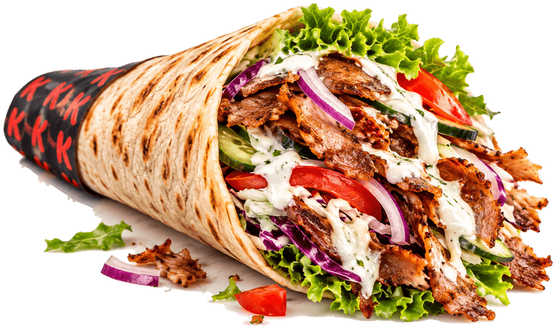 Pita kebab avvolta nella carta nera con le K rosse: carne kebab, cipolla rossa, pomodoro, cetriolo, lattuga e salsa bianca