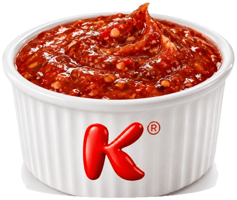 Salsa Piccante: salsa rossa al peperoncino nella ciotolina bianca con la K rossa