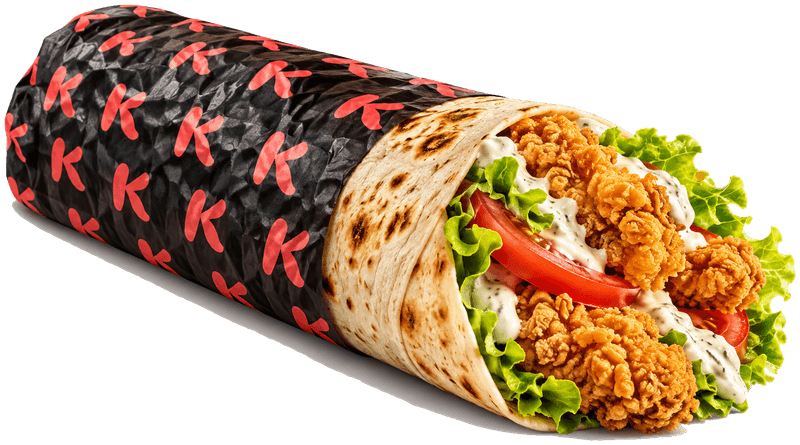 Crispy Chicken Wrap con pollo croccante, lattuga, pomodoro e salsa bianca, avvolto nella carta nera con le K rosse