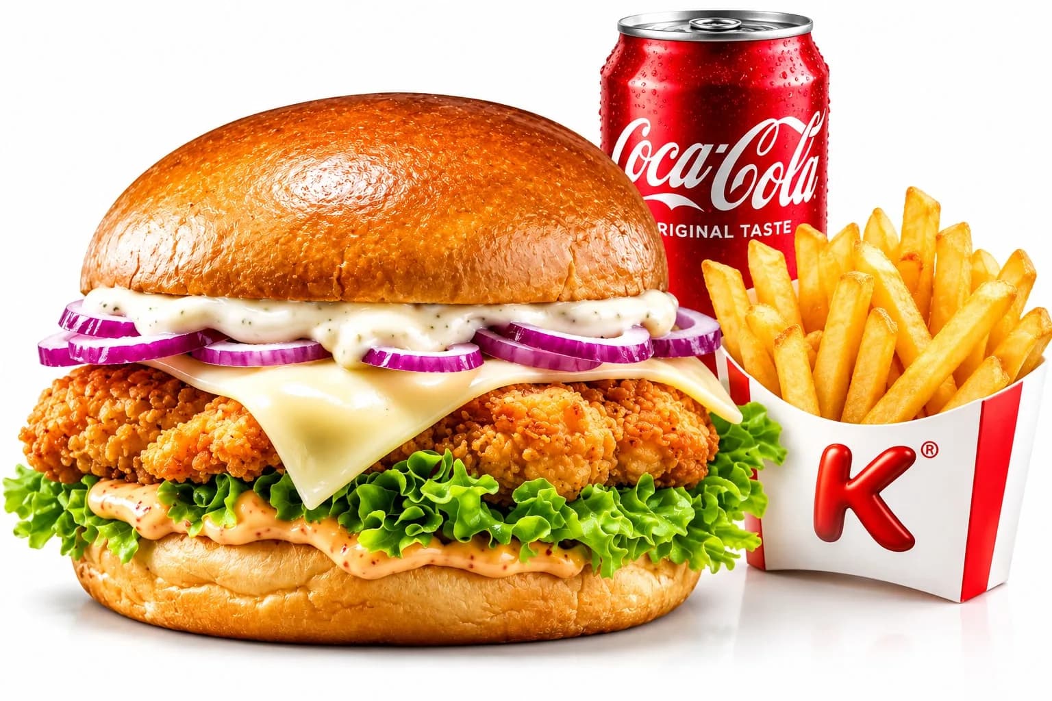 Chicken Burger in formato Menu, con patatine fritte e bibita