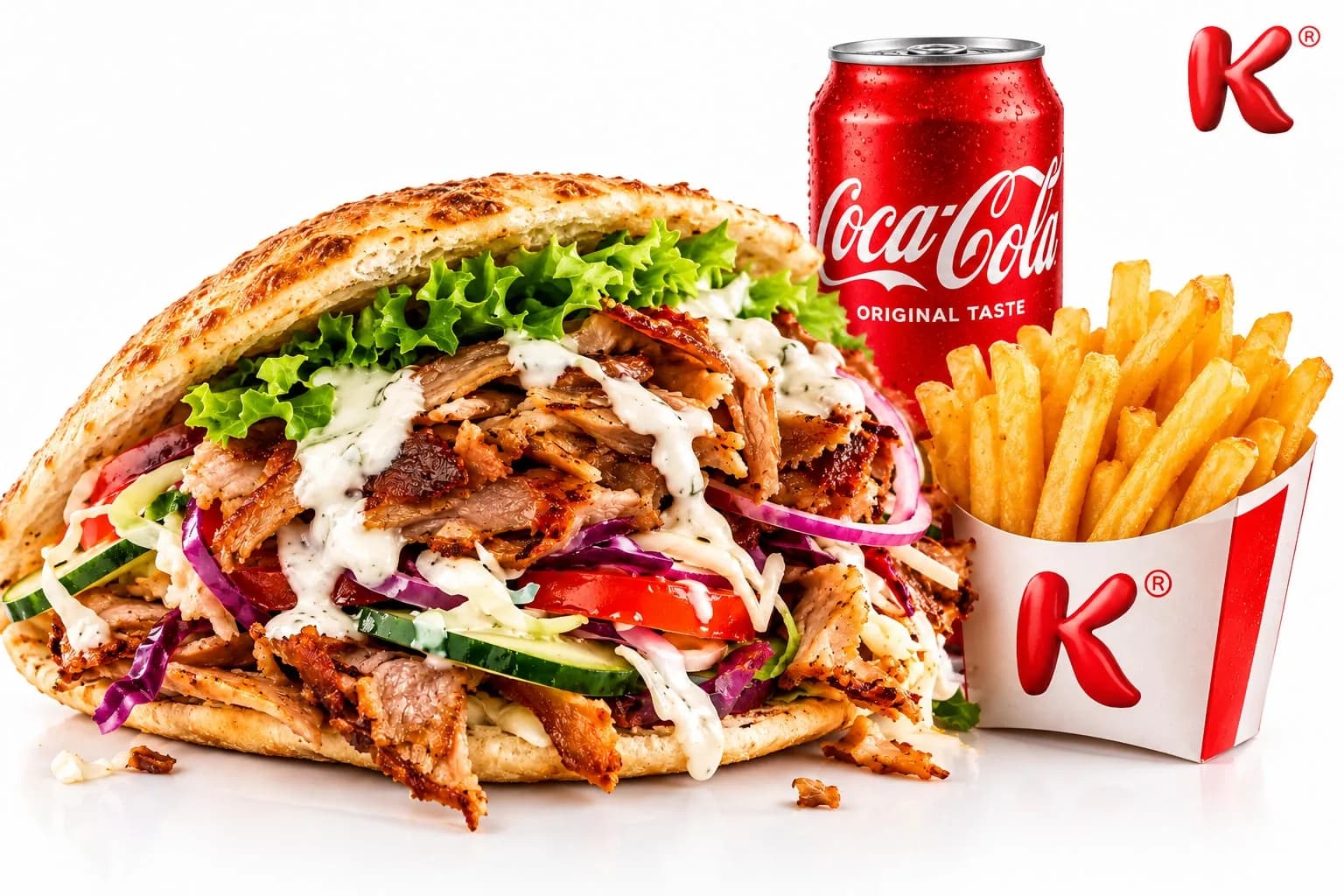 Panino Kebab in formato Menu, con patatine fritte e bibita