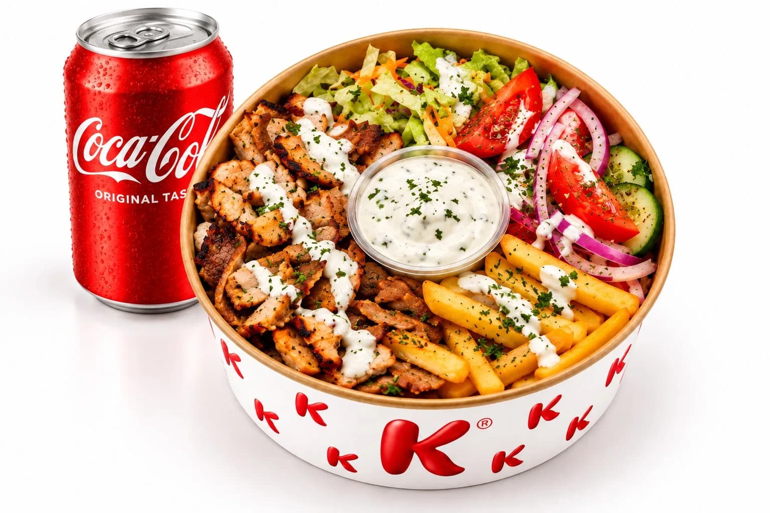 Piatto Kebab Grande in formato Menu, con patatine fritte e bibita