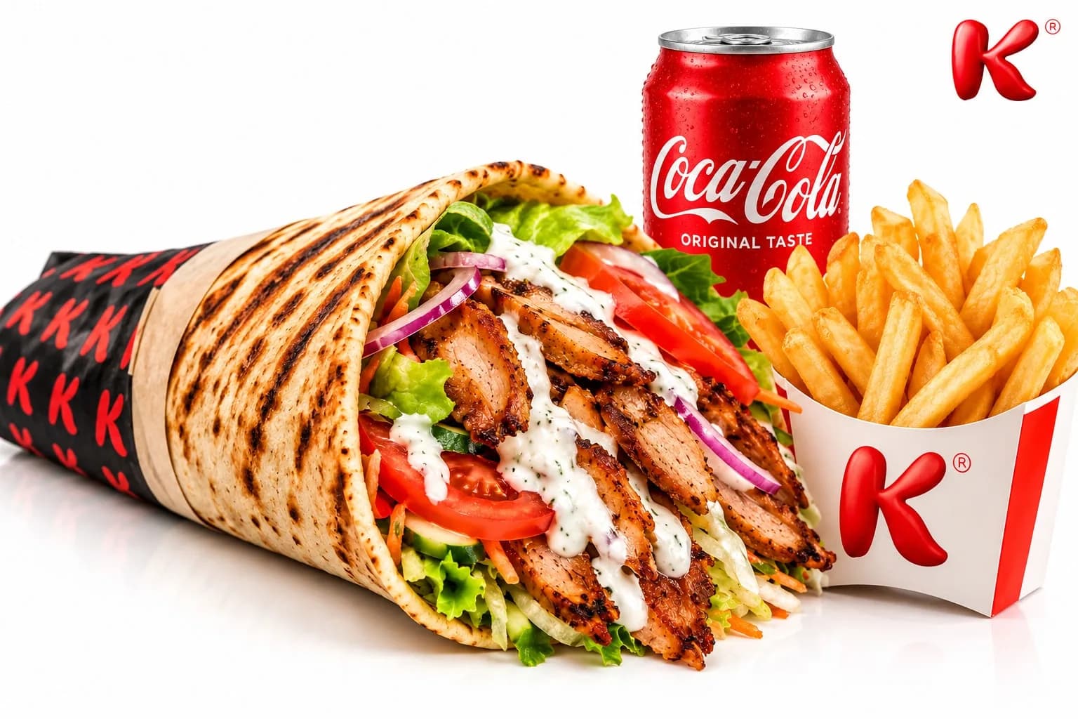 Greek-Style Pita as a meal, with French fries and a drink