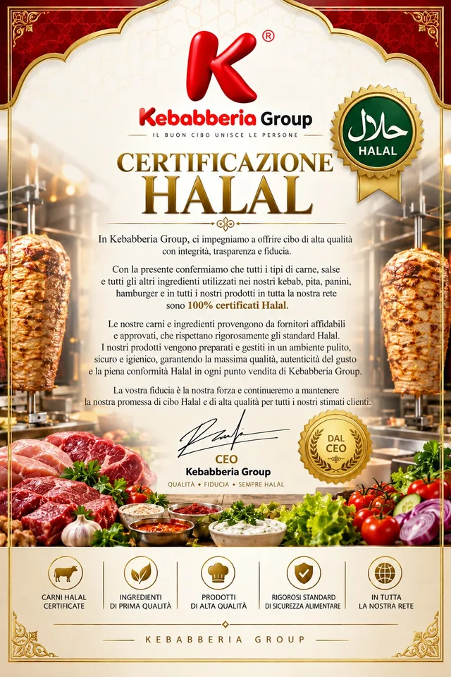 Dichiarazione halal di Kebabberia Group, firmata dal CEO: carni, salse e ingredienti di tutta la rete dichiarati 100% halal.